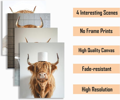 ZXDZSM Highland Cow Wall Art - Funny Bathroom Decor Canvas Prints | Farmhouse Style | 8x10 Inch, Set of 4