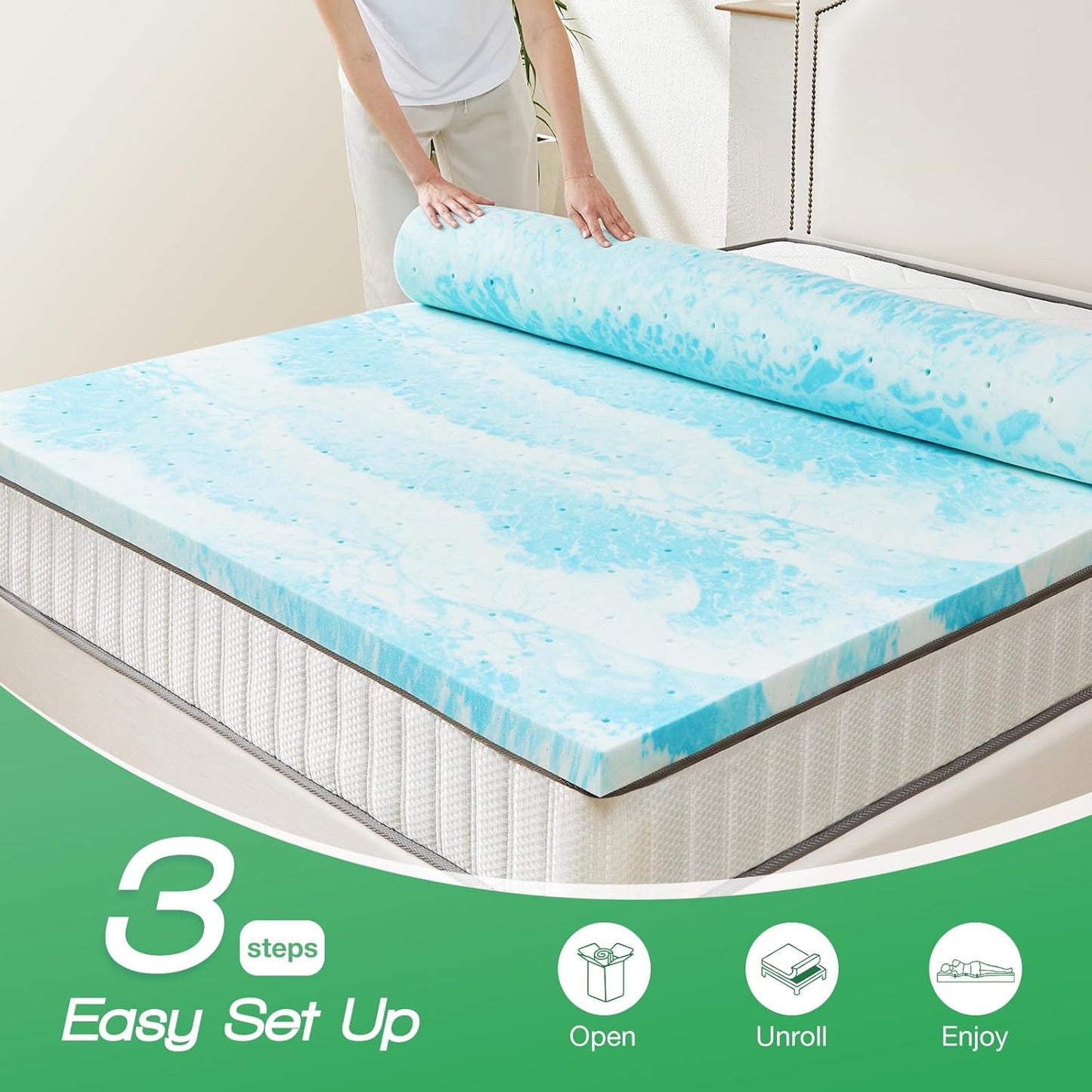 Sweetcrispy Mattress Topper - 2 Inch Thick Memory Foam Gel Infused Cooling Pad for Queen Size Bed | CertiPUR US Certified, Breathable Blue