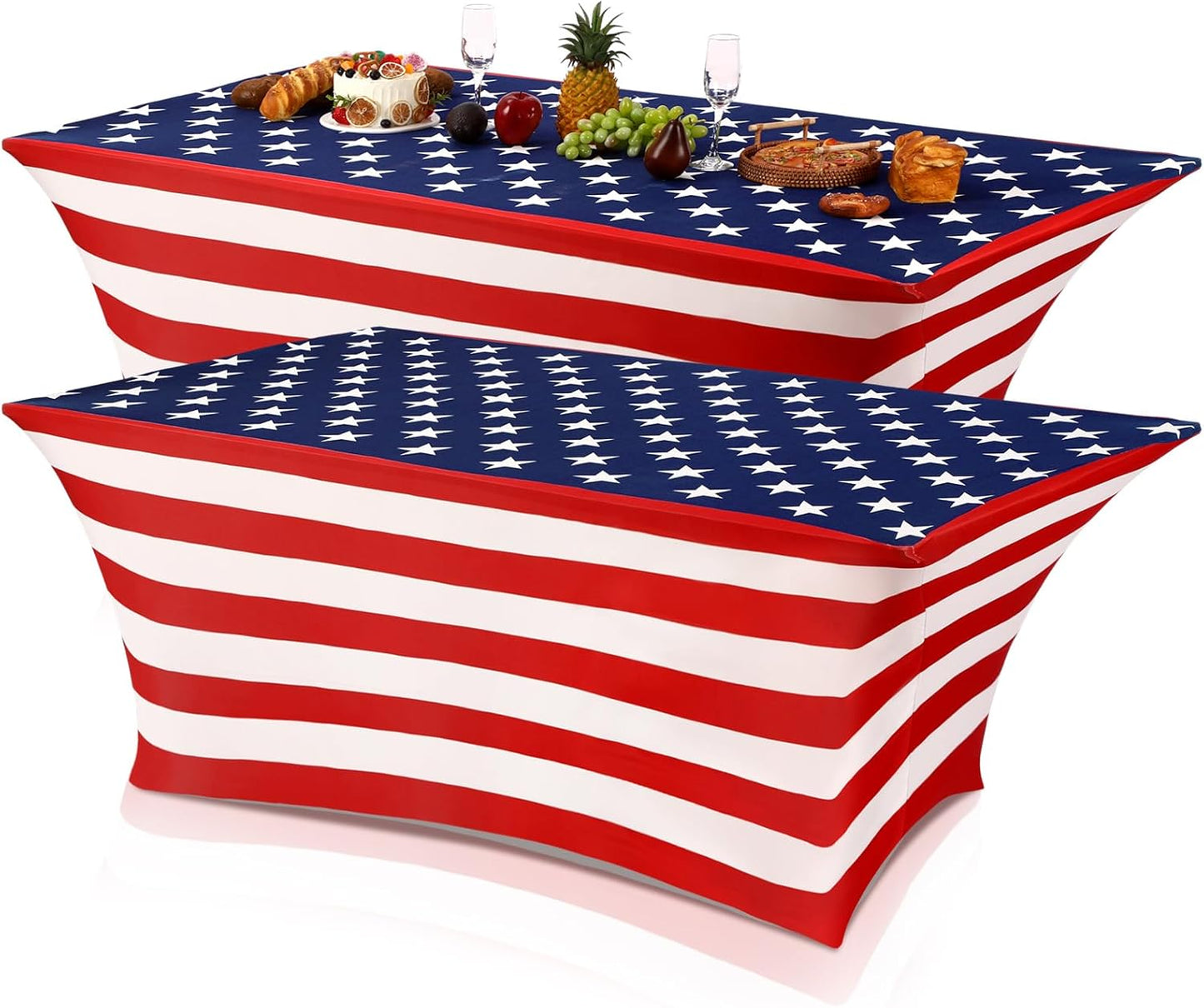 Oudain 2 Pcs Stretch Table Covers - Patriotic Red, White & Blue for 4th of July | 6 Feet Spandex Tablecloths