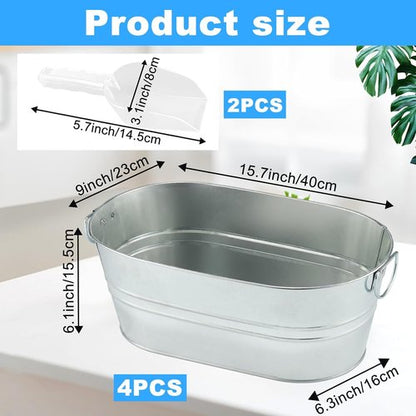 4PCS 3 Gallon Galvanized Tub Champagne Bucket with Carry Handle Large Metal Drink Buckets with Scoops for Home Bar Beer Champagne Cocktails Cooling Supplies