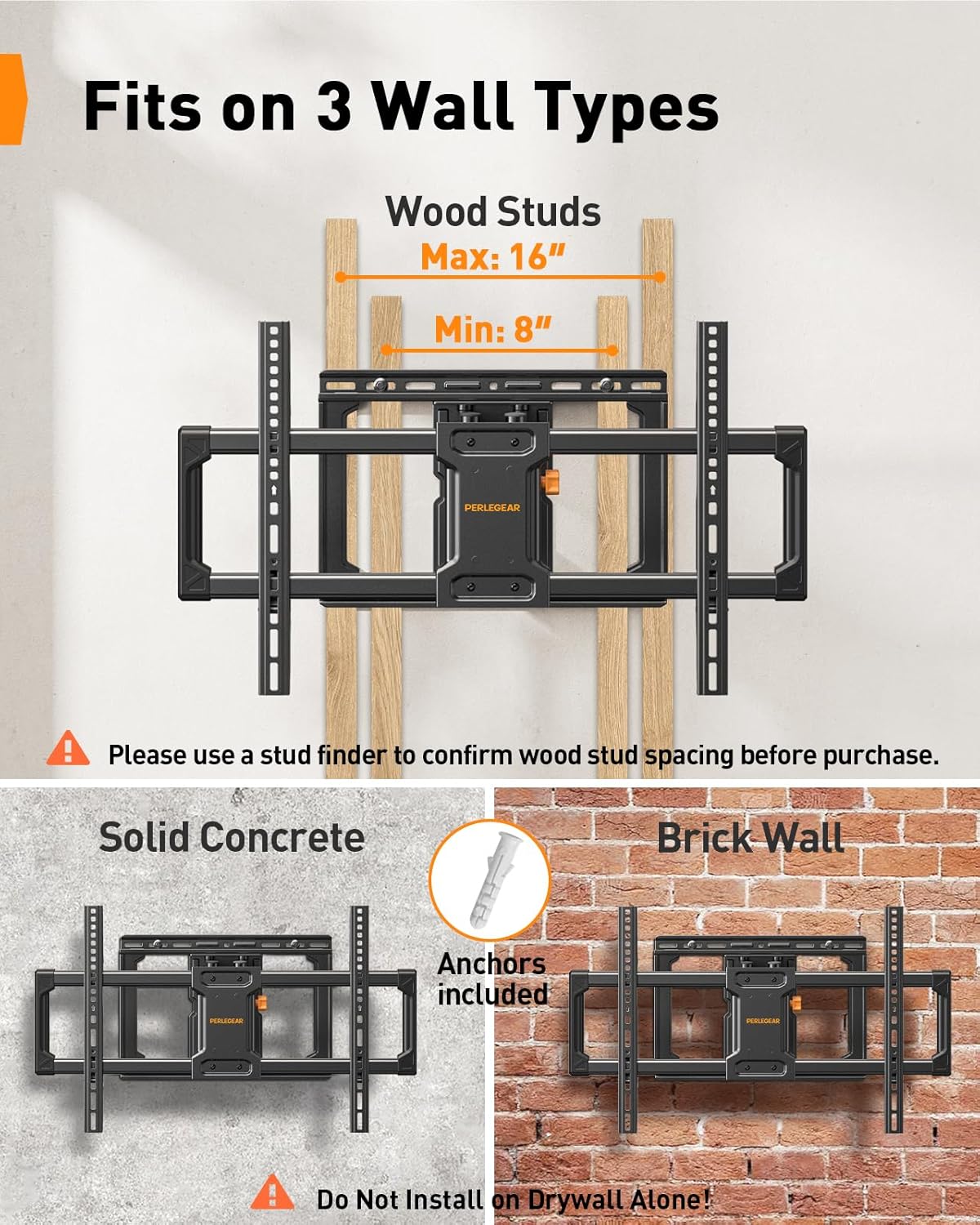 Perlegear Full Motion TV Wall Mount - Heavy Duty for 42-90" TVs Up to 132lbs | Tool-Free Tilt & Swivel