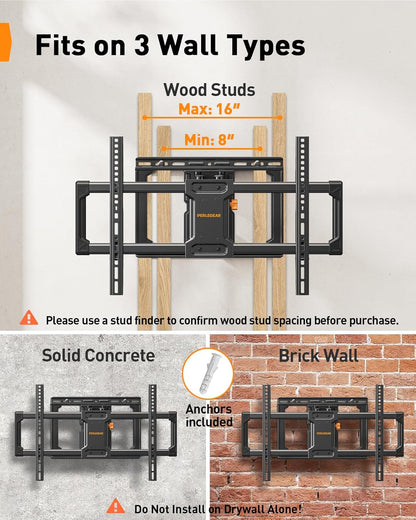 Perlegear Full Motion TV Wall Mount - Heavy Duty for 42-90" TVs Up to 132lbs | Tool-Free Tilt & Swivel