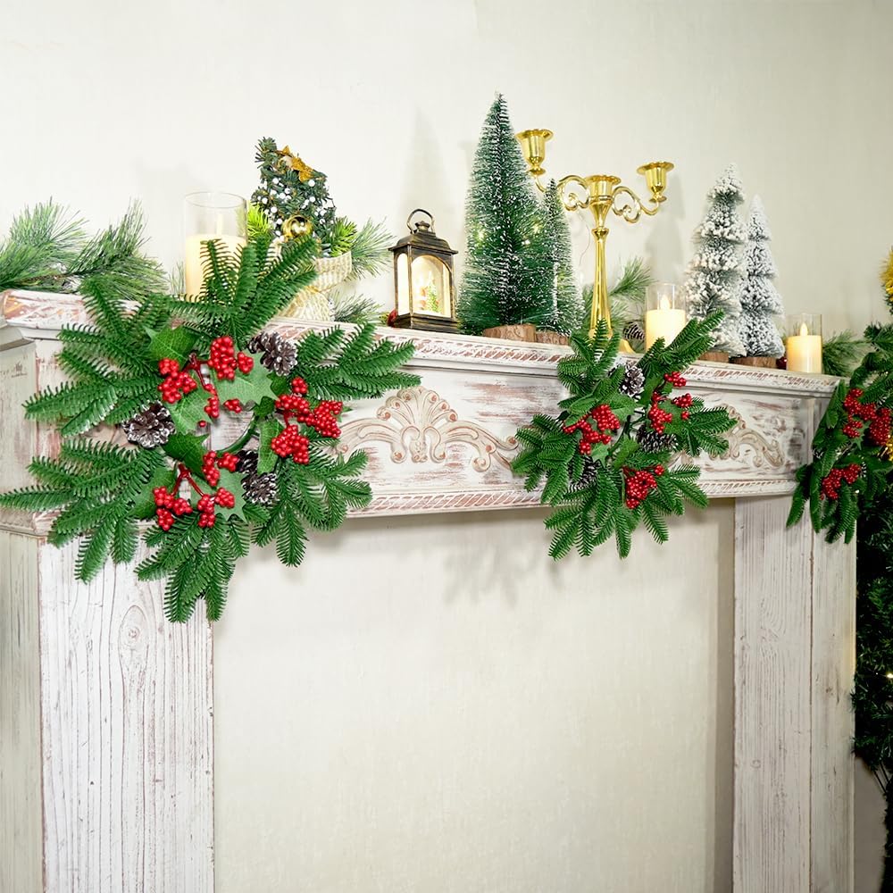 Skiennix Christmas Small Wreaths - 3Pcs 13.5-Inch Greenery Pine Candle Holder Rings for Home Decor