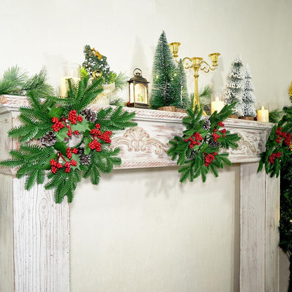Skiennix Christmas Small Wreaths - 3Pcs 13.5-Inch Greenery Pine Candle Holder Rings for Home Decor