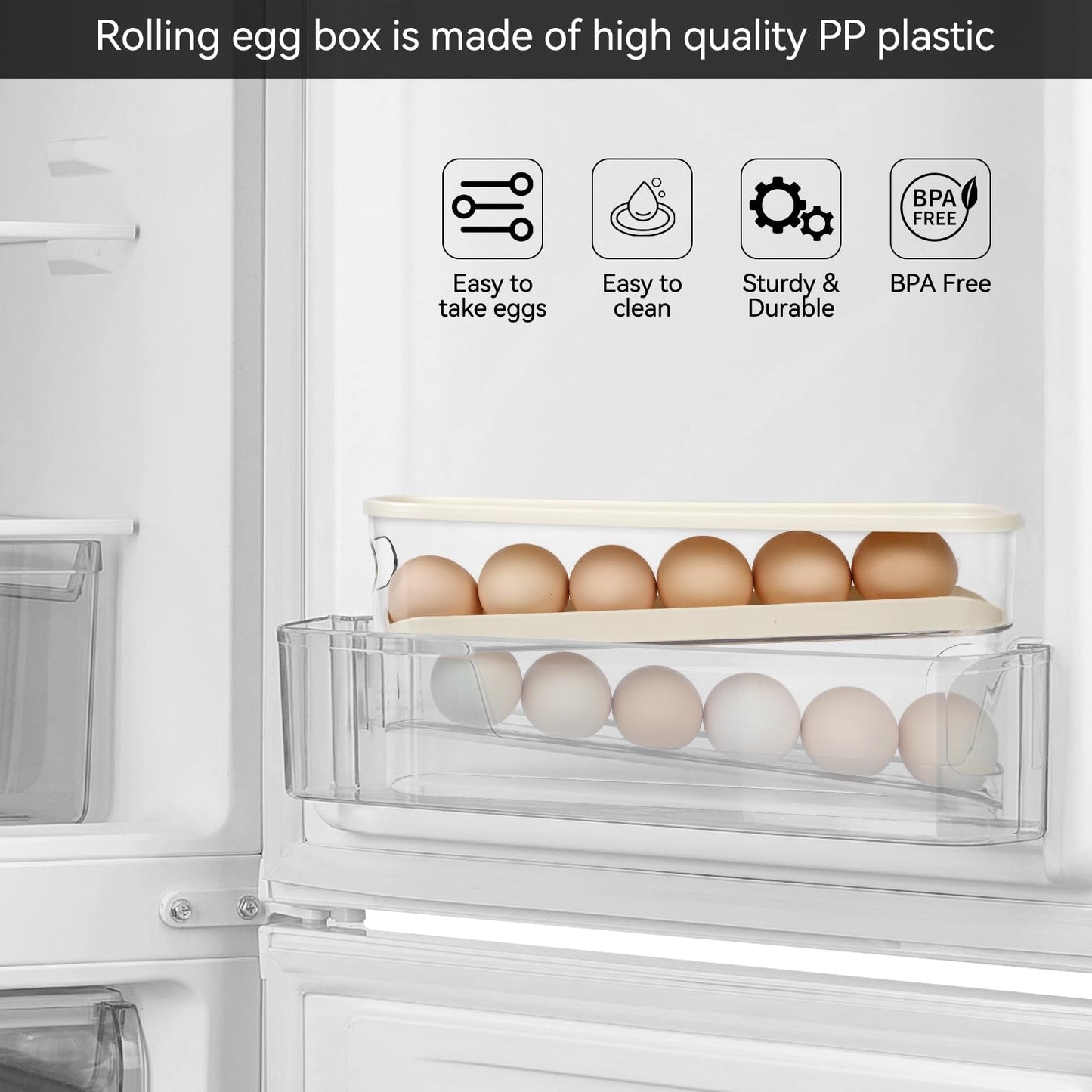 Egg Holder For Fridge With Lid - Auto Roll Down Egg Dispenser For Refrigerator Storage Organizer Space Saving Egg - Easy Access 2 Tier Egg Storage Rack (1 pcs)