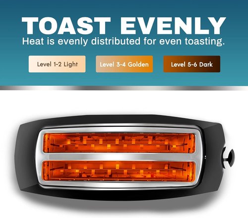 Elite Gourmet Long Slot 4-Slice Toaster - 6 Toast Settings, Extra Wide Slots for Bagels & Waffles, Black