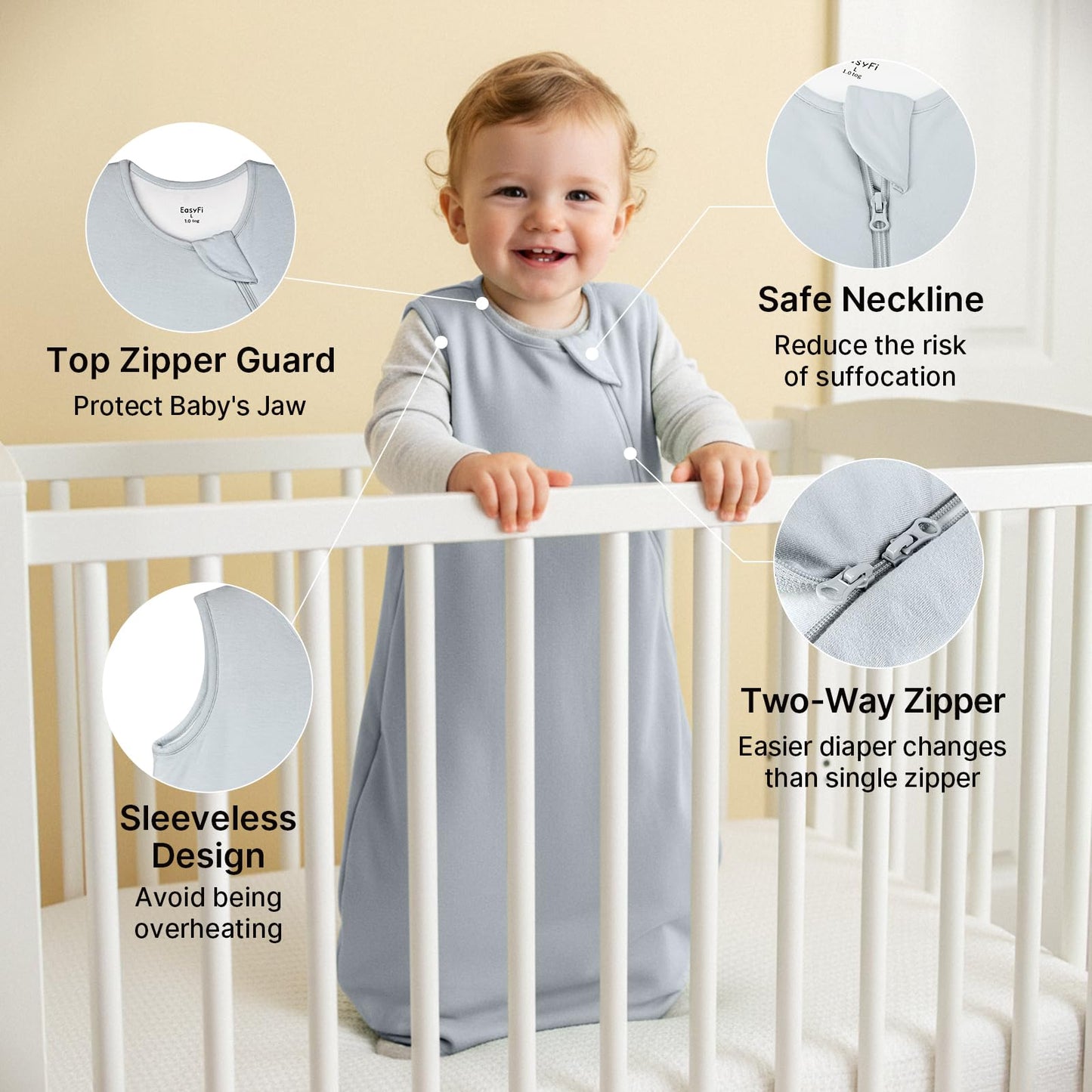 Supersoft Rayon Made from Bamboo Sleep Sack 3-6 Months Newborn Sleep Sack 0-3 Months 1.0 Tog Baby Wearable Blanket with 2-Way Zipper Unisex Sleeping Bag for Babies All-year-around - Gray