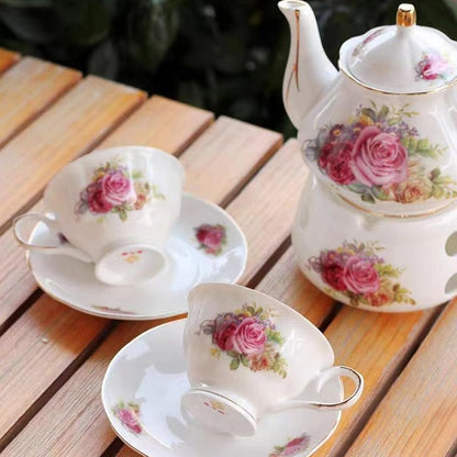 Noble Rose Ceramic Tea Set Gift by Scizorito – 29oz Teapot, 4 cups & Heater