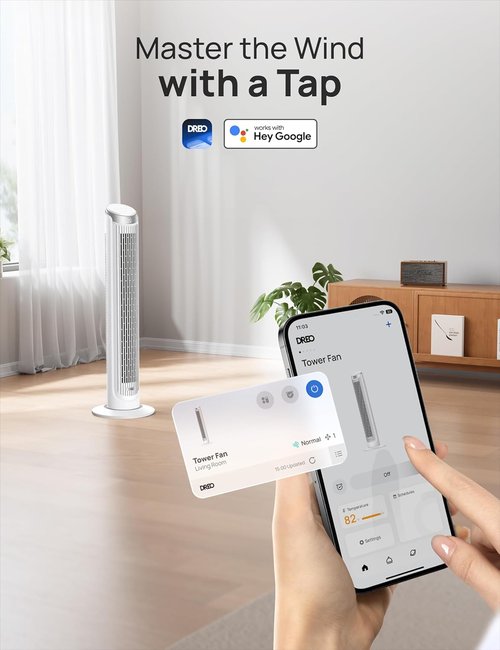 DREO Smart Tower Fan - 90° Oscillating Quiet Floor Fan with Remote & Voice Control | 12H Timer, 26ft/s Velocity