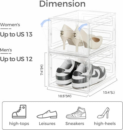 Pinkpum X-Large Hard Shoe Storage Box - 12 Pack Clear Plastic Stackable Organizer with Magnetic Door