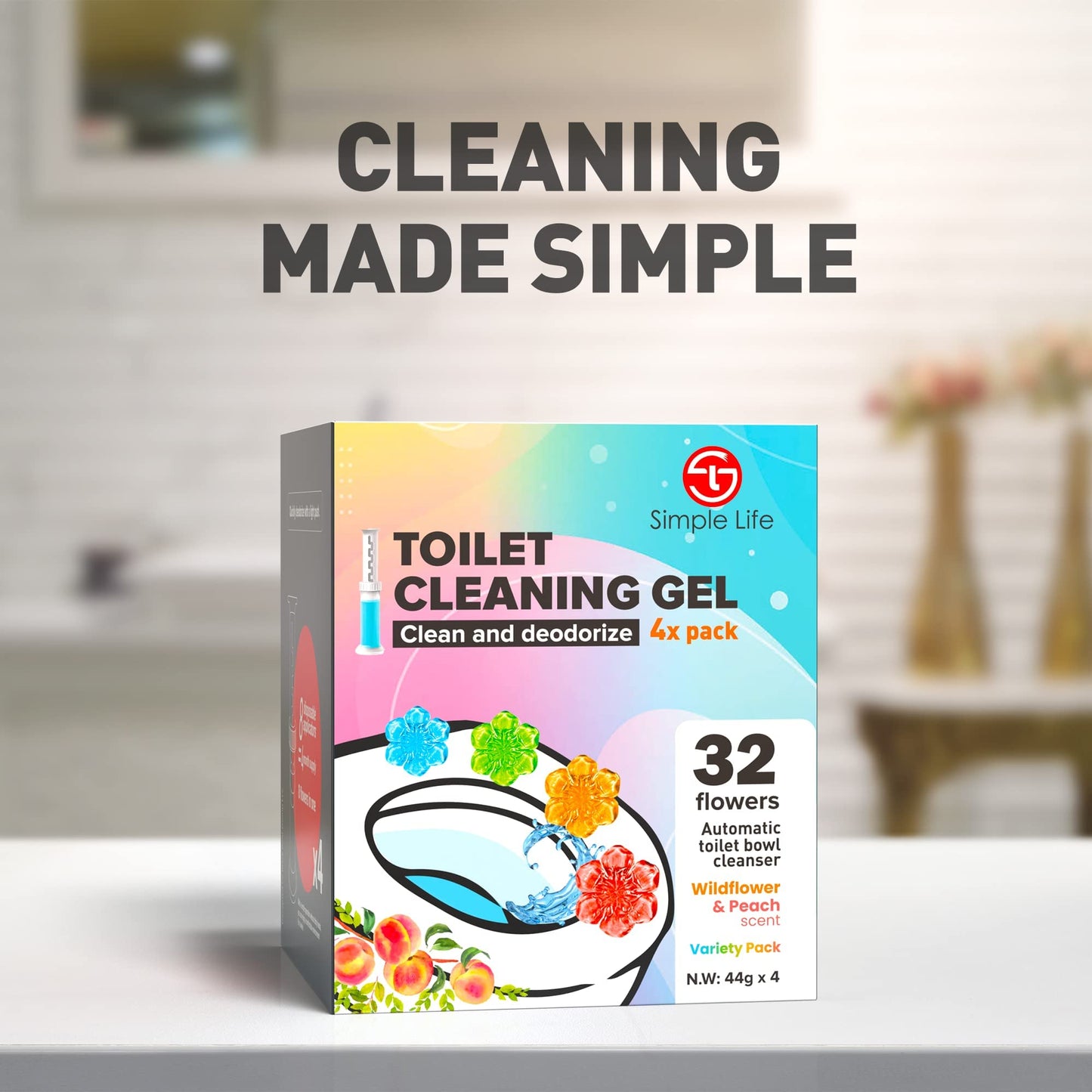 Simple Life Toilet Gel Stamp – Fresh Flower Scent, Anti-Limescale Toilet Cleaner Gel, Deodorizing & Long-Lasting Freshness, 32 Stamps Variety Pack
