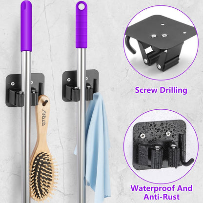 Stainless Steel Broom Holder - Heavy Duty, Rust Resistant with 4 Gripper Positions & Hooks | Black