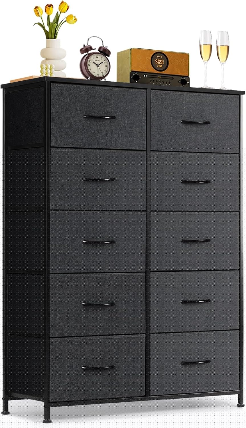 Skiennix 10-Drawer Dresser - Anti-Tip Tall Storage Organizer with Wooden Top & Metal Frame | Black