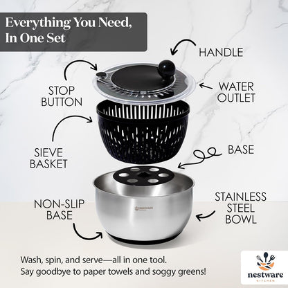 Stainless Steel Salad Spinner - 5L Capacity Lettuce & Vegetable Dryer with Non-Slip Base | Black