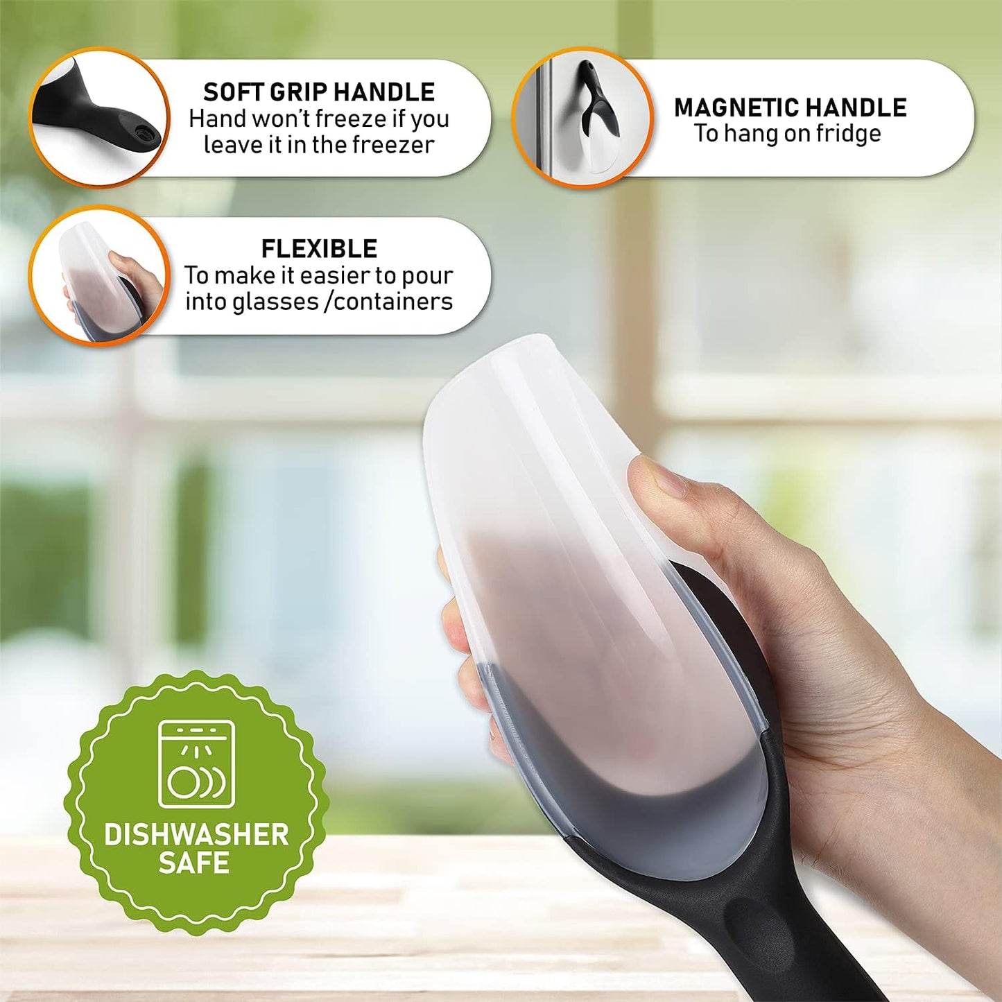 Spring Chef Magnetic Ice Scoop - BPA-Free Flexi-Plastic with Soft Grip Handle | Dishwasher Safe for Kitchen Use - Black