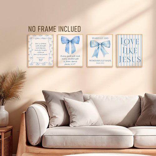 BRRNYOI Coquette Blue Bow Wall Art Posters Set - Bible Verse Decor for Girls' Room | 8x10 Unframed Canvas Prints