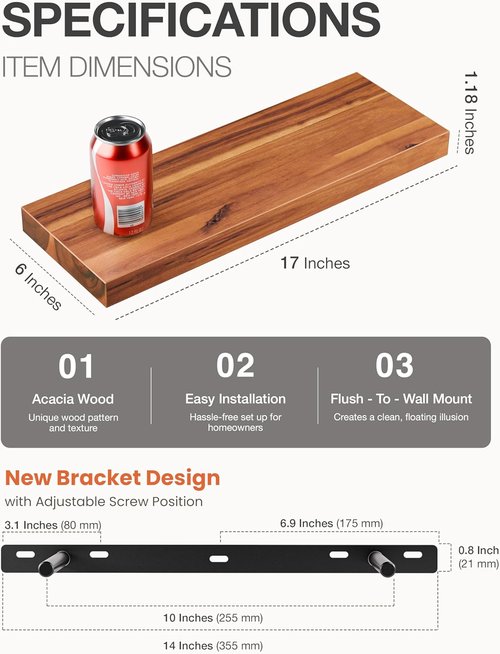 BATODA 17" Acacia Wood Floating Shelves - Rustic Wall-Mounted Storage for Home Décor | Includes Brackets