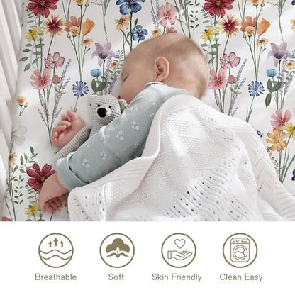 Little Grape Land Pack and Play Sheets Mini Crib Sheets Soft Breathable Pack N Play Sheets, Playard Fitted Sheet 2 Pack Stretchy Fits 38"x26" Playard Mattress, Spring Flower