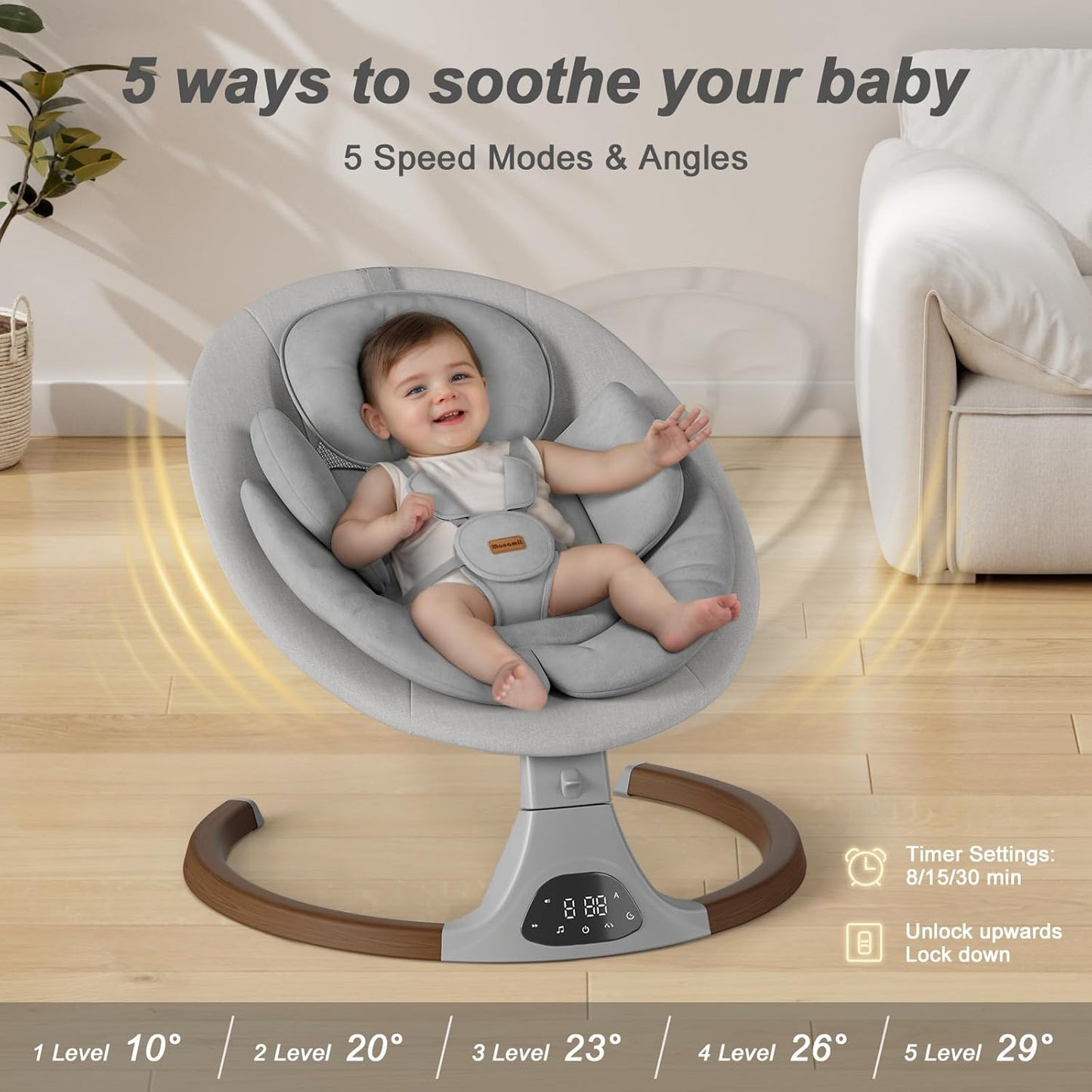 Monamii Baby Swing - Bluetooth Infant Swing with Music Speaker, 5 Speeds & Remote Control | Light Grey