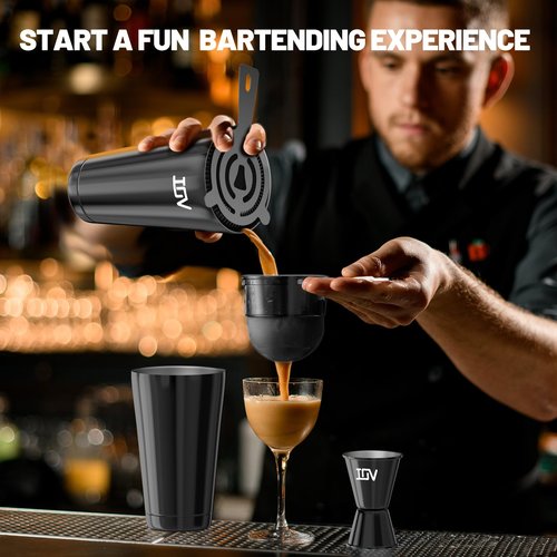 IOV Boston Cocktail Shaker Bar Set, Bartender Kit Drink Mixer Set with 18 oz & 28 oz Boston Shakers, Hawthorne Strainer, Double Jigger, Bar Tool Kit and Recipe Booklet - Black