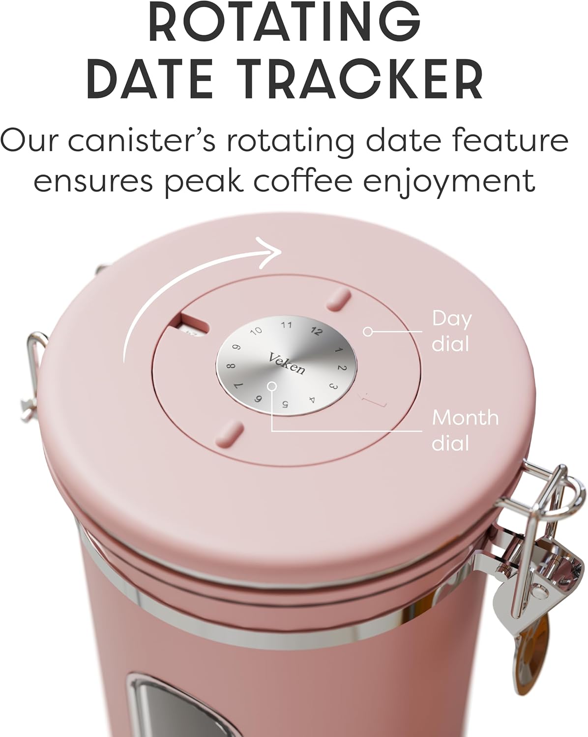 Veken Coffee Canister - Airtight Stainless Steel Container with Window | 22oz Pink for Grounds, Beans & Tea