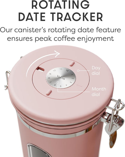 Veken Coffee Canister - Airtight Stainless Steel Container with Window | 22oz Pink for Grounds, Beans & Tea