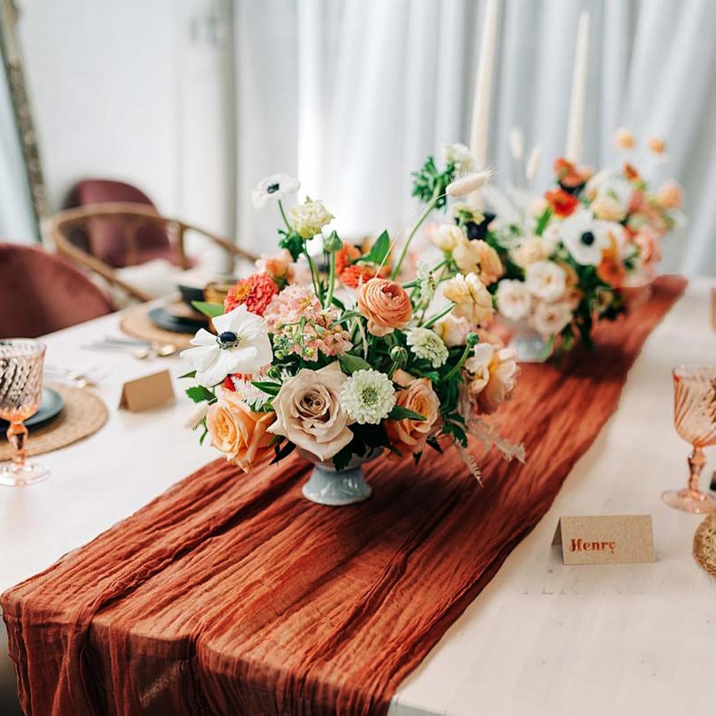 Skiennix Terracotta Cheesecloth Table Runner - 10 FT Long Semi-Sheer 35 x 120 Inch for Weddings & Events