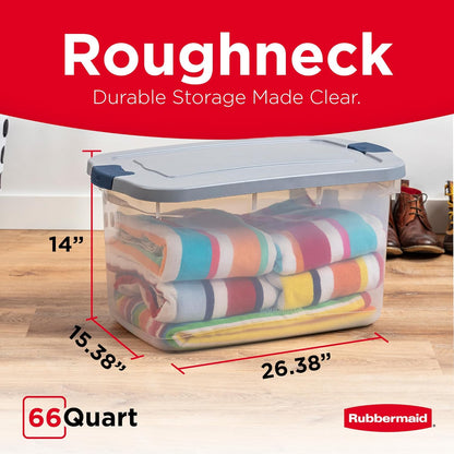 Rubbermaid Roughneck 66 Qt Storage Containers - Pack of 4 with Latching Grey Lids | Sturdy & Stackable Design