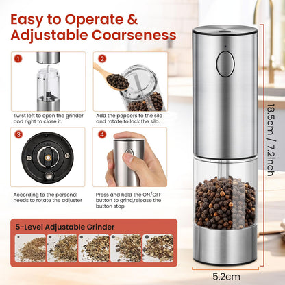 Newise Electric Salt and Pepper Grinder Rechargeable with Light, Electric Salt and Pepper Shakers, Automatic & Adjustable Coarseness, Kitchen Gadgets, Stainless Steel