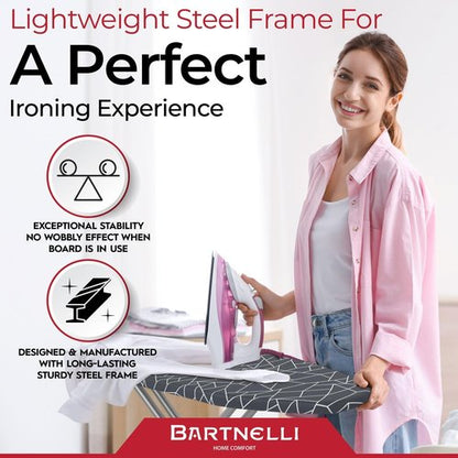 Bartnelli Compact Ironing Board, 13x43 Space-Saving Steel Foldable Iron Board, 4 Layer Cotton Cover, Adjustable Height, Bonus Hanger and Silicone Iron Pad