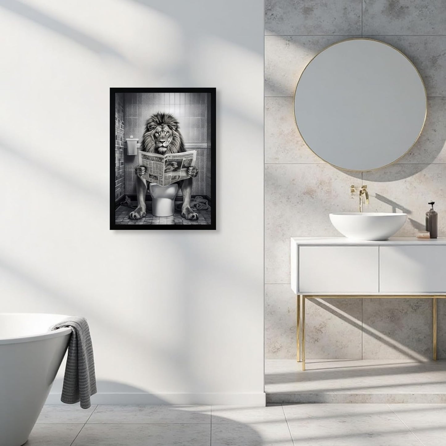 URMOYA Majesty Lion Bathroom Wall Art - Funny Canvas Print of Lion Reading Newspaper | 12x16 Inch Framed Decor