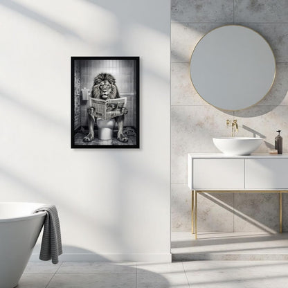 URMOYA Majesty Lion Bathroom Wall Art - Funny Canvas Print of Lion Reading Newspaper | 12x16 Inch Framed Decor