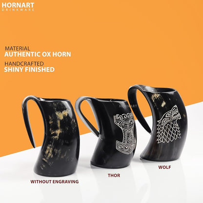 Thor Variation: Handcrafted Ox Horn Mugs 3-Piece Set with Shot Glass & Opener