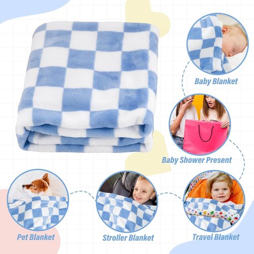GreatBba Plush Checkered Baby Blanket - Warm Chenille Fleece for Infants | 30" x 40" - Blue & White