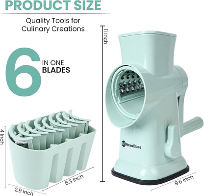 Skiennix 6-in-1 Rotary Cheese Grater - Hand Crank with 6 Stainless Steel Blades | Easy Clean & Suction Base