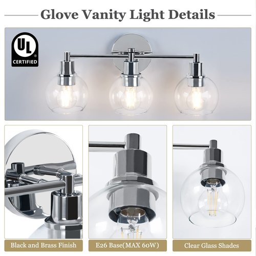 Espird 3 Lights Bathroom Vanity Light Fixtures Chrome, Bathroom Lights Over Mirror, Industrial and Farmhouse 3 Light Wall Sconce, Polished Chrome Globe Vanity Lighting Fixtures