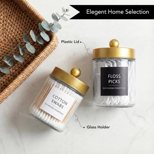 Amolliar Q-Tips Dispenser Holder - Elegant Glass Apothecary Jars with Gold Lid | 4-Pack Bathroom Organizer