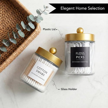 Amolliar Q-Tips Dispenser Holder - Elegant Glass Apothecary Jars with Gold Lid | 4-Pack Bathroom Organizer