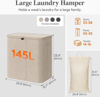 Lifewit 145L Large Laundry Basket - Foldable Hamper with Lid & Removable Bag | Beige