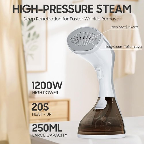 Lollair Handheld Clothes Steamer - 1200W, 20S Heat-Up, 250ml Capacity | 2-in-1 Design for All Fabrics