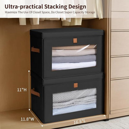 Homsorout Collapsible Storage Bins - Large Stackable Organizer Bins with Handles & Window | 2 Pack, Black