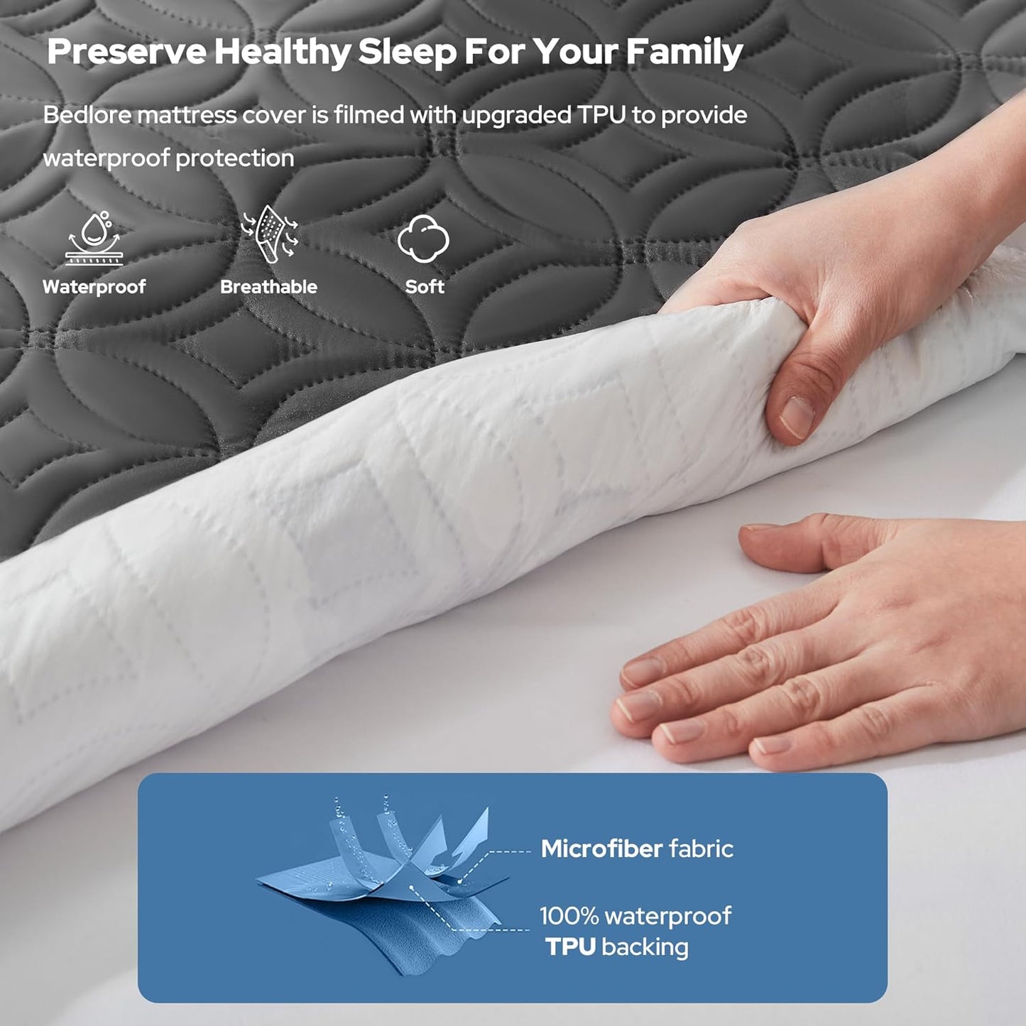 Skiennix Waterproof Mattress Protector - Noiseless Queen Size Pad with Deep Pocket | Soft & Breathable Gray Cover