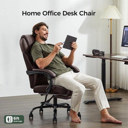 amseatec Office Chair, Big and Tall Office Chair with Foot Rest Ergonomic Desk Chairs Reclining High Back Leather Chairs with Lumbar Support(Brown)