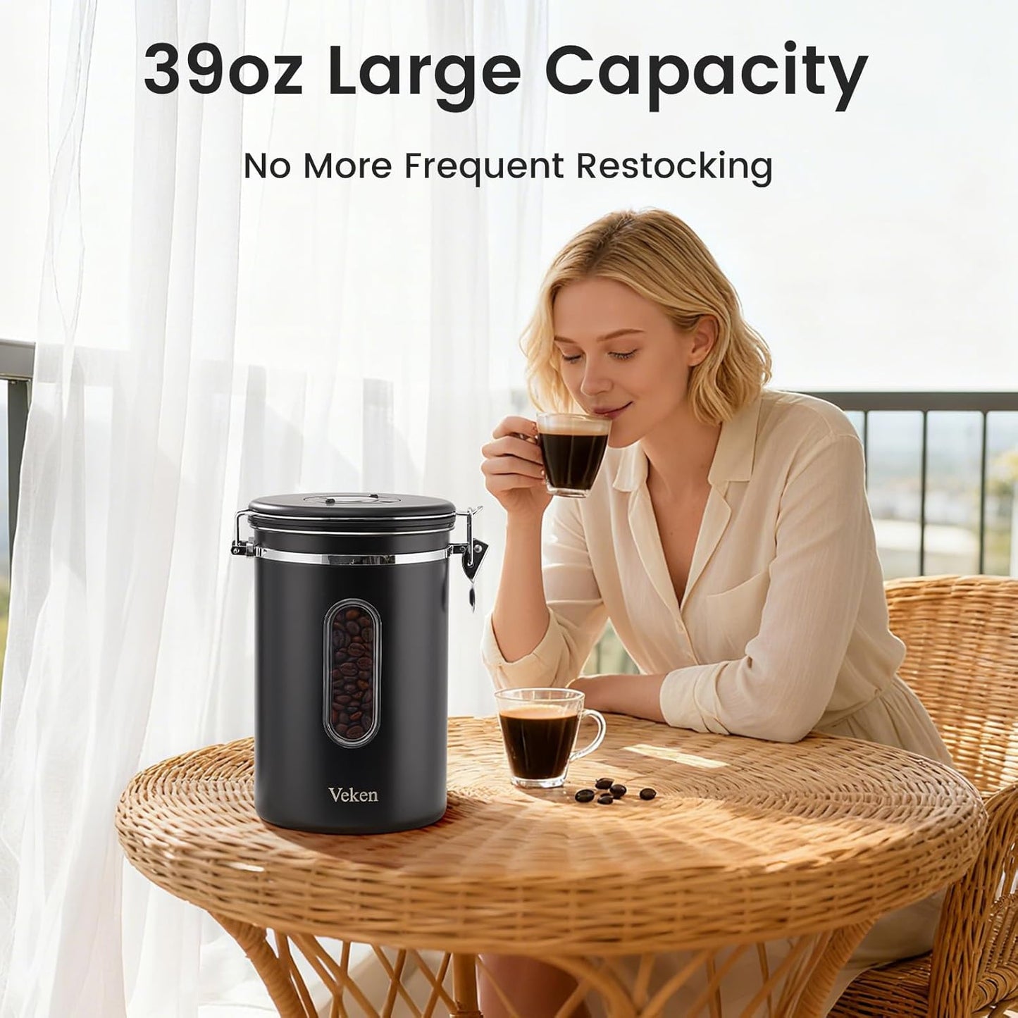 Veken Coffee Canister - Airtight Stainless Steel Storage Container with Window | 39oz, Black, Holds 2.2lbs