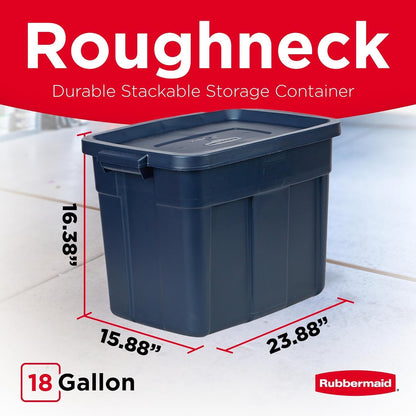 Rubbermaid Roughneck Tote - 18 Gal Stackable Storage Bins with Lids & Handles | Dark Indigo Metallic, 6 Pack