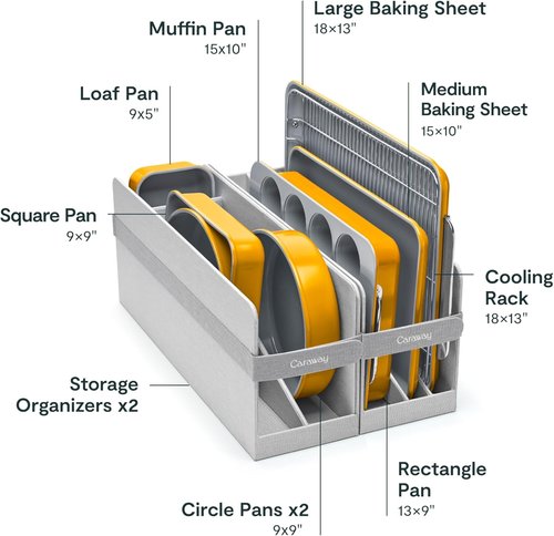 Caraway Nonstick Ceramic Bakeware Set - 11 Pieces with Assorted Pans, Cooling Rack & Storage | Non-Toxic, PTFE & PFOA Free - Marigold
