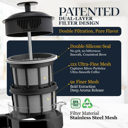 ESPRO P3 French Press Coffee Maker - Patented Double Micro-Filter for Grit-Free Brew | Black 32 oz