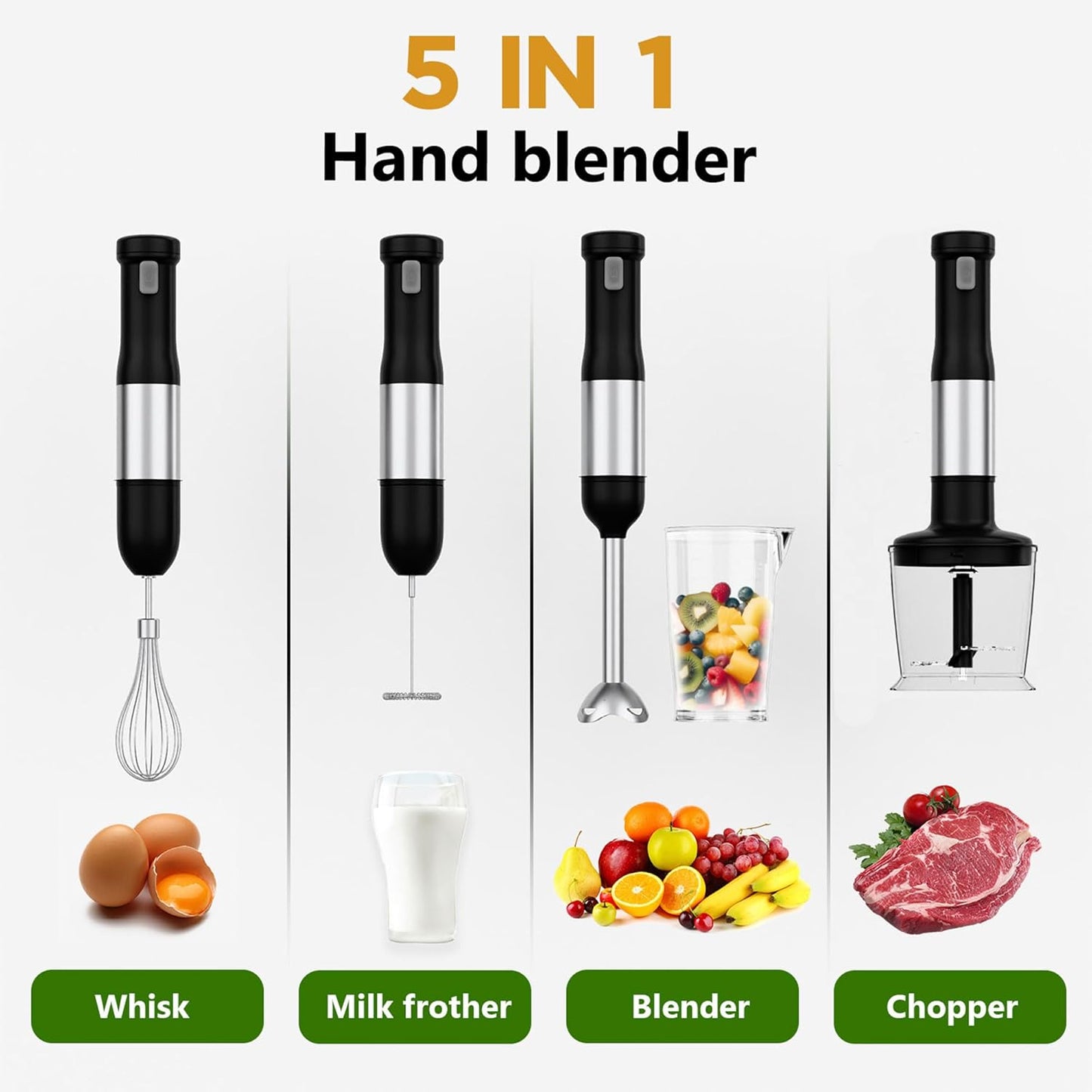 Skiennix Cordless Immersion Hand Blender - 5-in-1 Variable Speed, Rechargeable 2000mAh Battery, BPA-Free Accessories Included