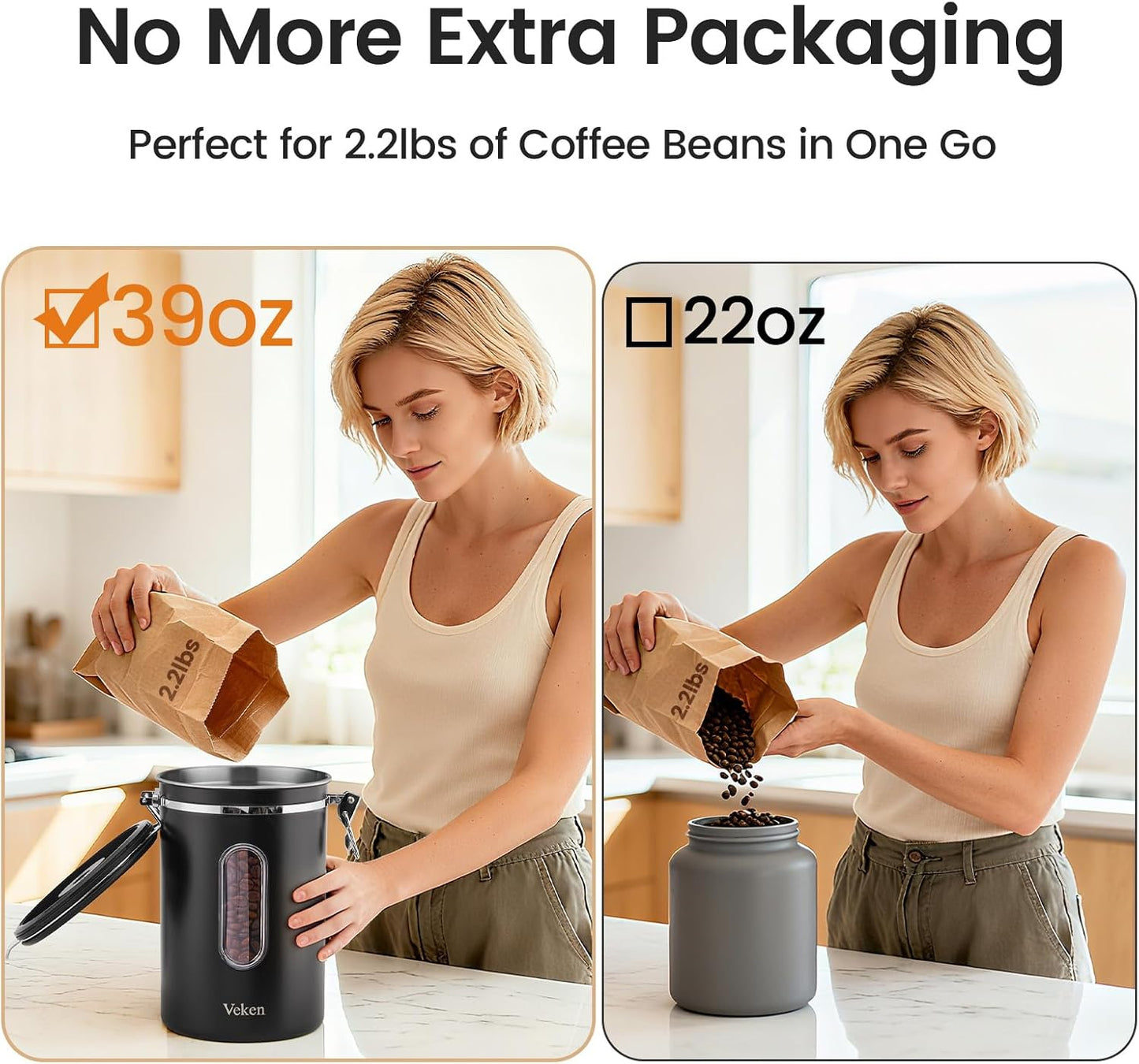 Veken Coffee Canister - Airtight Stainless Steel Storage Container with Window | 39oz, Black, Holds 2.2lbs