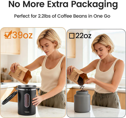 Veken Coffee Canister - Airtight Stainless Steel Storage Container with Window | 39oz, Black, Holds 2.2lbs